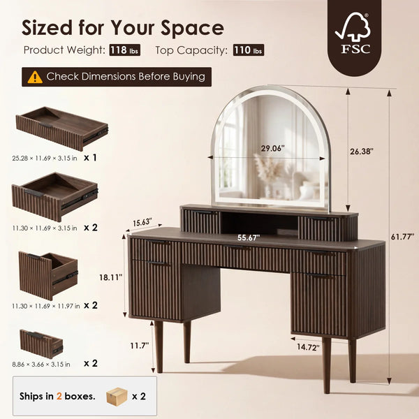 55.6" W 7-Drawer Makeup Vanity with Arched Lighted Mirror  Wooden Bazar