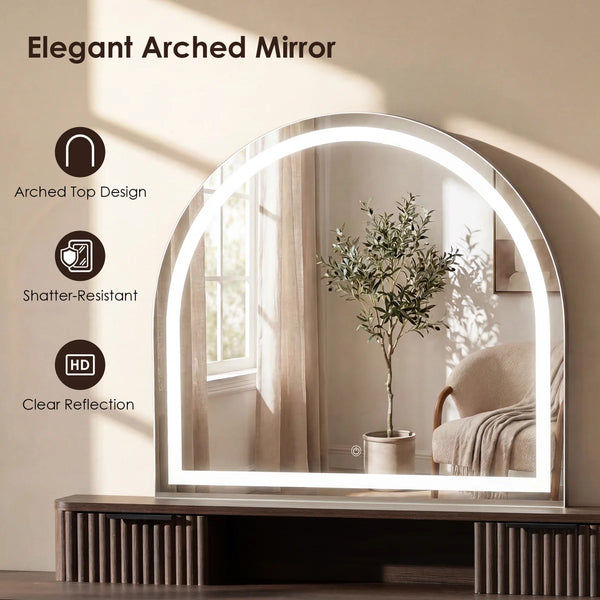 55.6" W 7-Drawer Makeup Vanity with Arched Lighted Mirror  Wooden Bazar