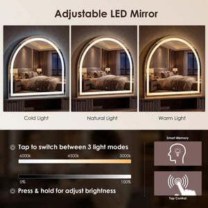 55.6" W 7-Drawer Makeup Vanity with Arched Lighted Mirror  Wooden Bazar