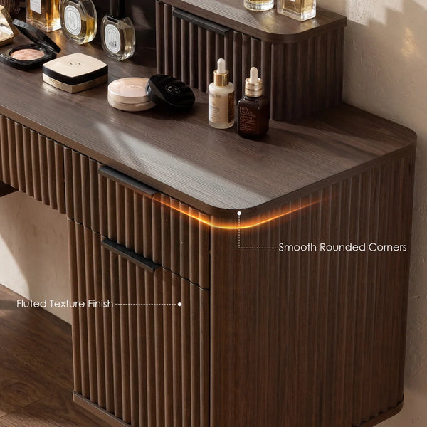 55.6" W 7-Drawer Makeup Vanity with Arched Lighted Mirror  Wooden Bazar