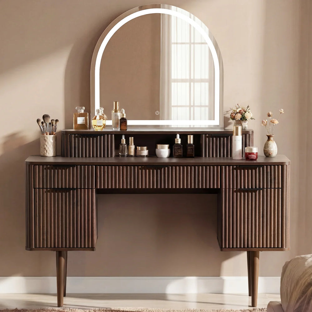 55.6" W 7-Drawer Makeup Vanity with Arched Lighted Mirror  Wooden Bazar