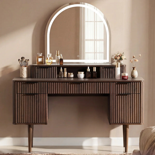 55.6" W 7-Drawer Makeup Vanity with Arched Lighted Mirror  Wooden Bazar