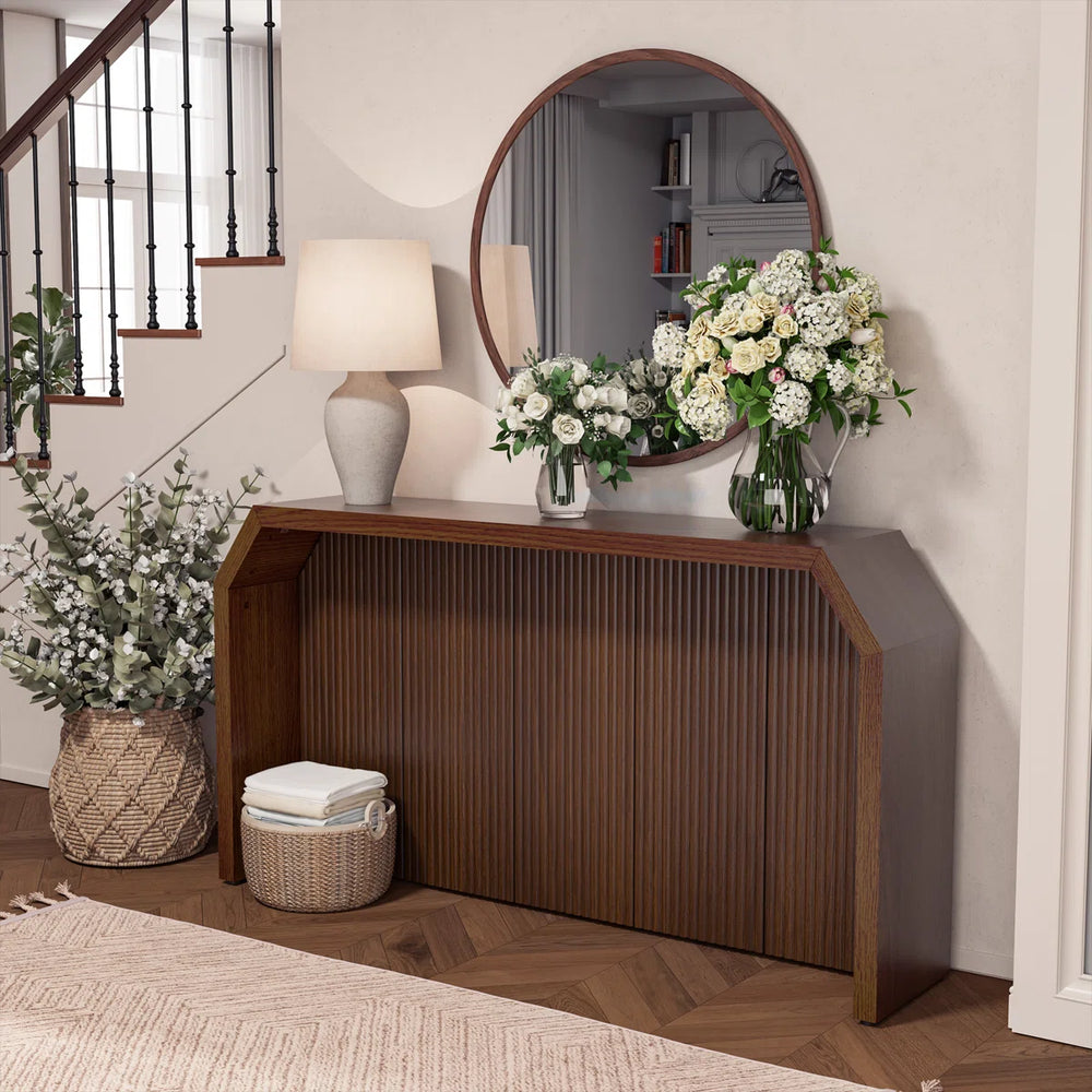L-Shaped Fluted Wood Console Table for Entryway  Wooden Bazar