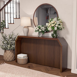 L-Shaped Fluted Wood Console Table for Entryway  Wooden Bazar
