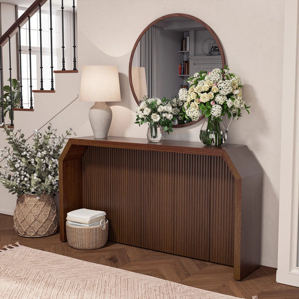 L-Shaped Fluted Wood Console Table for Entryway  Wooden Bazar