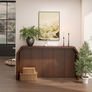 L-Shaped Fluted Wood Console Table for Entryway  Wooden Bazar