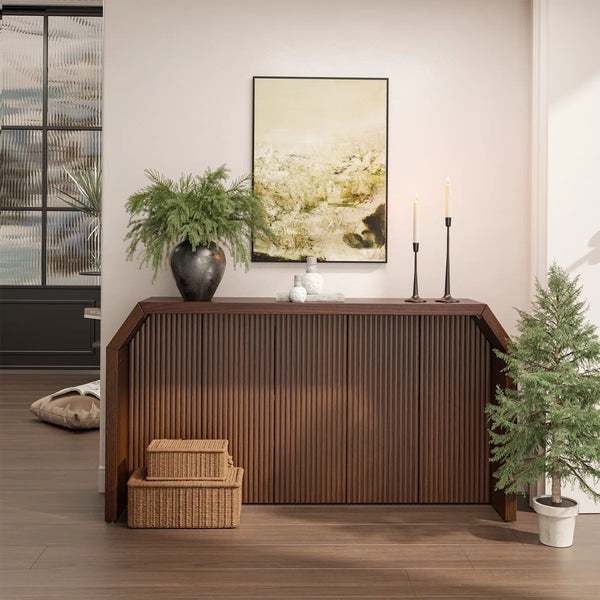 L-Shaped Fluted Wood Console Table for Entryway  Wooden Bazar