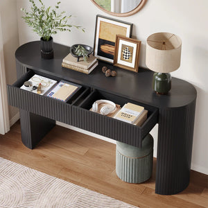 Oval Tambour Console Table for Living Room and Entryway  Wooden Bazar
