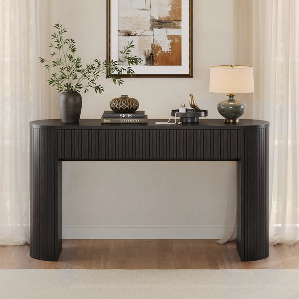 Oval Tambour Console Table for Living Room and Entryway  Wooden Bazar