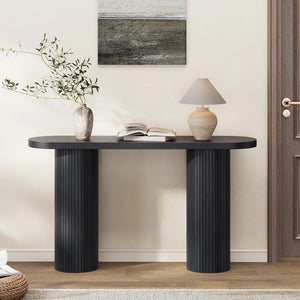 Oval Tambour Console Table with Double Base  Wooden Bazar