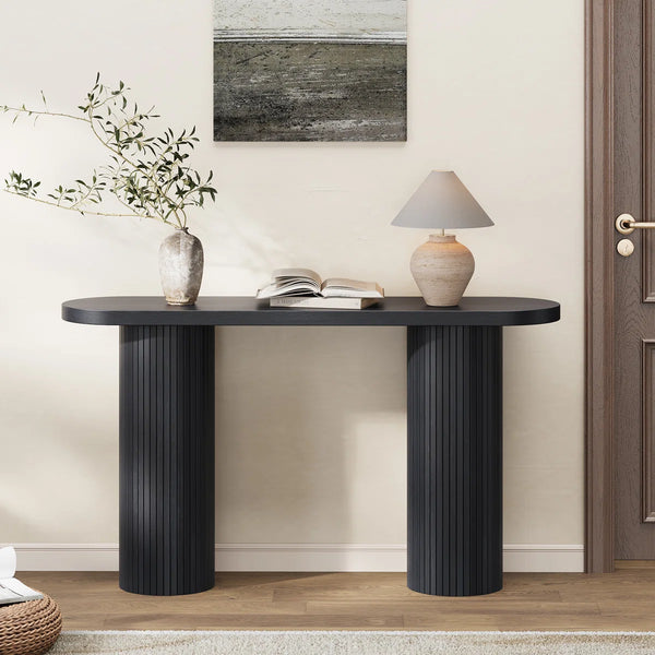 Oval Tambour Console Table with Double Base  Wooden Bazar