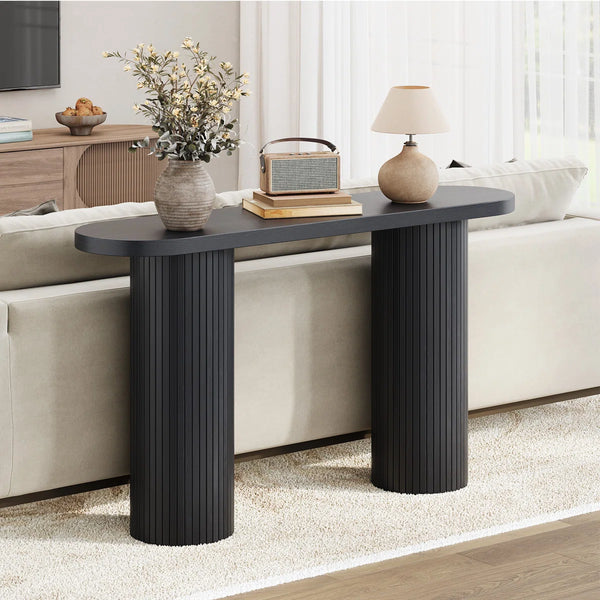 Oval Tambour Console Table with Double Base  Wooden Bazar