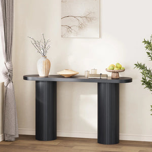 Oval Tambour Console Table with Double Base  Wooden Bazar