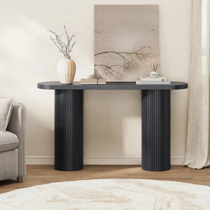 Oval Tambour Console Table with Double Base  Wooden Bazar