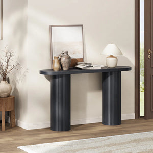 Oval Tambour Console Table with Double Base  Wooden Bazar