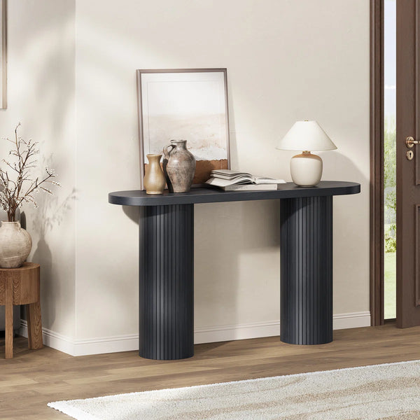 Oval Tambour Console Table with Double Base  Wooden Bazar