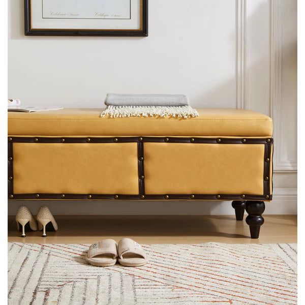 Large Classic Upholstered Storage Bench, Waxed Leather Flip Top Ottoman