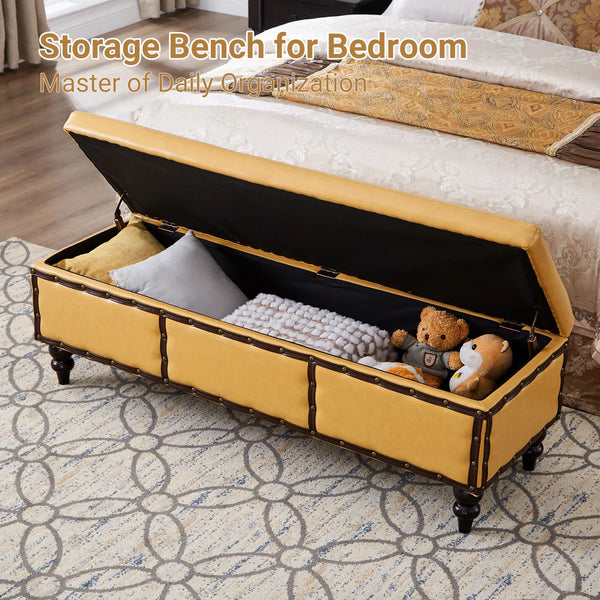 Large Classic Upholstered Storage Bench, Waxed Leather Flip Top Ottoman