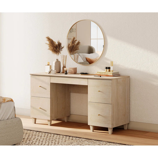 58" Wooden Vanity Desk With 4 Deep Storage Drawers, Modern Makeup Dressing Table With Charging Station For Bedroom  Wooden Bazar