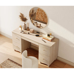 58" Wooden Vanity Desk With 4 Deep Storage Drawers, Modern Makeup Dressing Table With Charging Station For Bedroom  Wooden Bazar