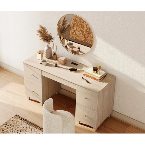 58" Wooden Vanity Desk With 4 Deep Storage Drawers, Modern Makeup Dressing Table With Charging Station For Bedroom  Wooden Bazar
