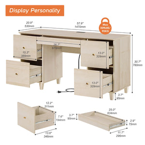 58" Wooden Vanity Desk With 4 Deep Storage Drawers, Modern Makeup Dressing Table With Charging Station For Bedroom  Wooden Bazar