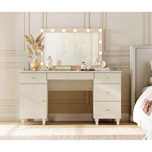 58" Wooden Vanity Desk With Drawers And Storage Cabinet, Modern Makeup Dressing Table With Charging Station For Bedroom  Wooden Bazar