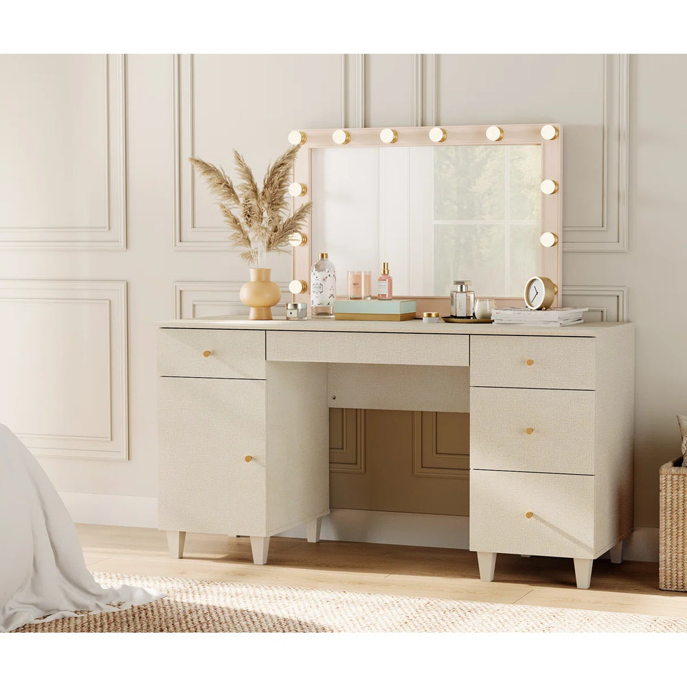 58" Wooden Vanity Desk With Drawers And Storage Cabinet, Modern Makeup Dressing Table With Charging Station For Bedroom  Wooden Bazar