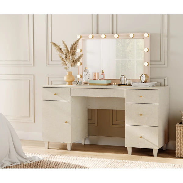 58" Wooden Vanity Desk With Drawers And Storage Cabinet, Modern Makeup Dressing Table With Charging Station For Bedroom  Wooden Bazar