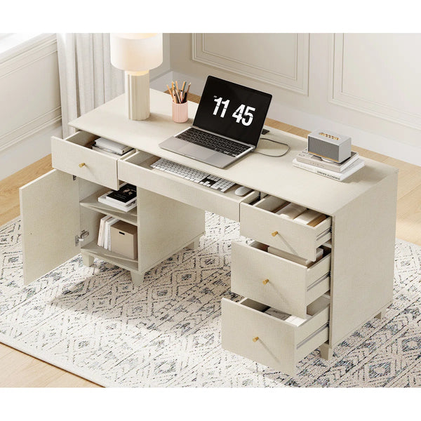 58" Wooden Vanity Desk With Drawers And Storage Cabinet, Modern Makeup Dressing Table With Charging Station For Bedroom  Wooden Bazar