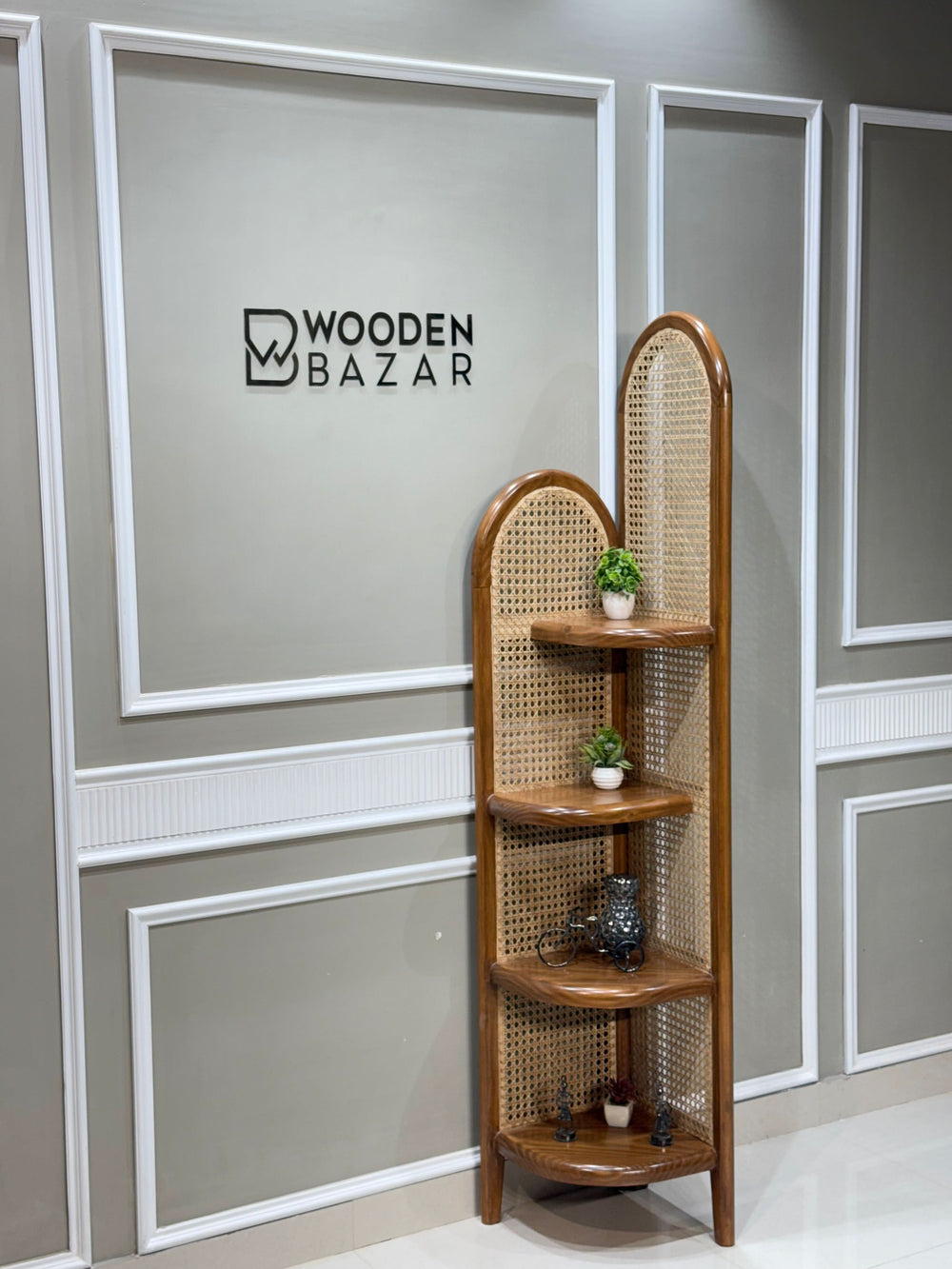 Ele Modern Rattan Corner Cabinet With Wooden Shelves Simple Triangle Storage & Bookshelf For