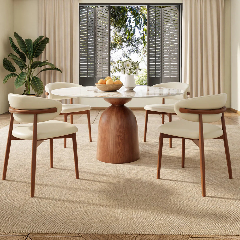 Round Farmhouse Dining Set, Wooden Dining Table with Linen Dining Chair for 4 for Small Space