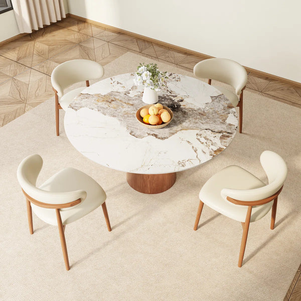 Round Farmhouse Dining Set, Wooden Dining Table with Linen Dining Chair for 4 for Small Space
