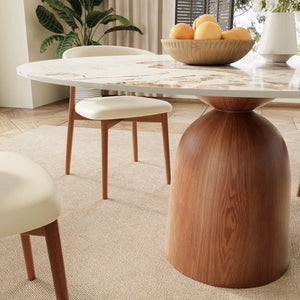 Round Farmhouse Dining Set, Wooden Dining Table with Linen Dining Chair for 4 for Small Space