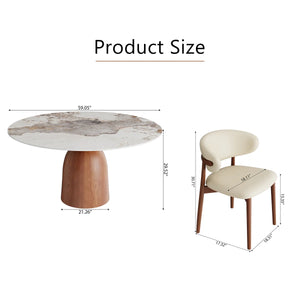 Round Farmhouse Dining Set, Wooden Dining Table with Linen Dining Chair for 4 for Small Space