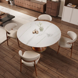 Mid-Century Round Pedestal Kitchen Dining Table Set With 4 Upholstered Chairs