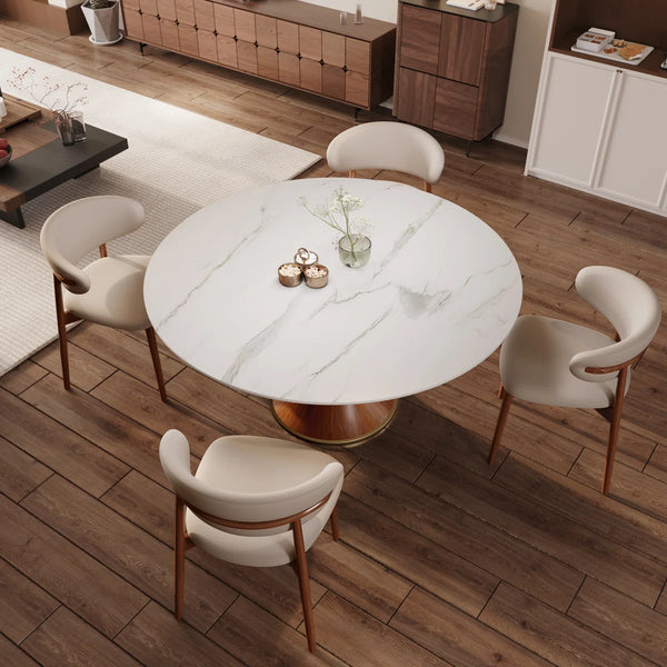 Mid-Century Round Pedestal Kitchen Dining Table Set With 4 Upholstered Chairs