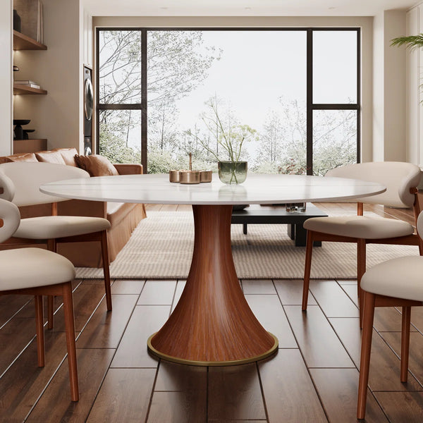 Mid-Century Round Pedestal Kitchen Dining Table Set With 4 Upholstered Chairs