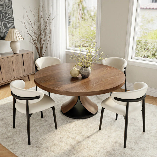 Solid Wood Round Dining Table Walnut Kitchen Room Set - Wooden Bazar
