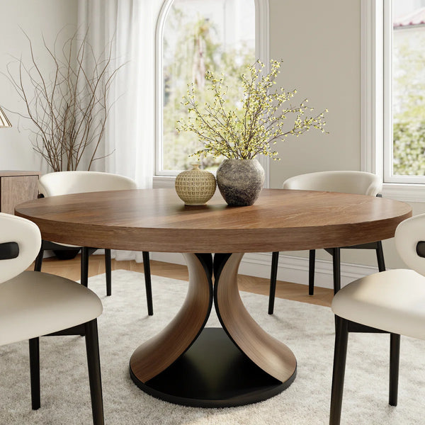 Solid Wood Round Dining Table Walnut Kitchen Room Set - Wooden Bazar