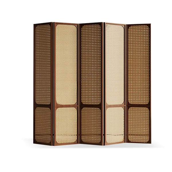 Panels Brown Solid Wood+Rattan Folding Room Divider   Wooden Bazar