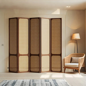 Panels Brown Solid Wood+Rattan Folding Room Divider   Wooden Bazar