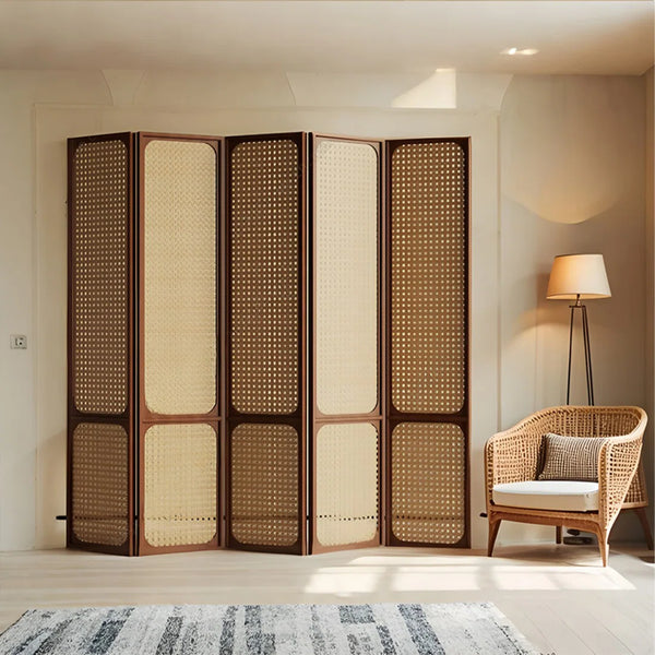 Panels Brown Solid Wood+Rattan Folding Room Divider   Wooden Bazar