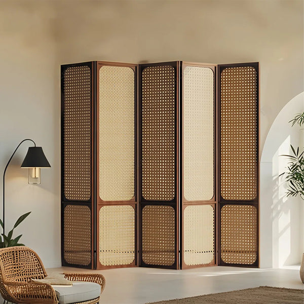 Panels Brown Solid Wood+Rattan Folding Room Divider   Wooden Bazar