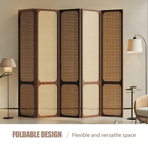 Panels Brown Solid Wood+Rattan Folding Room Divider   Wooden Bazar