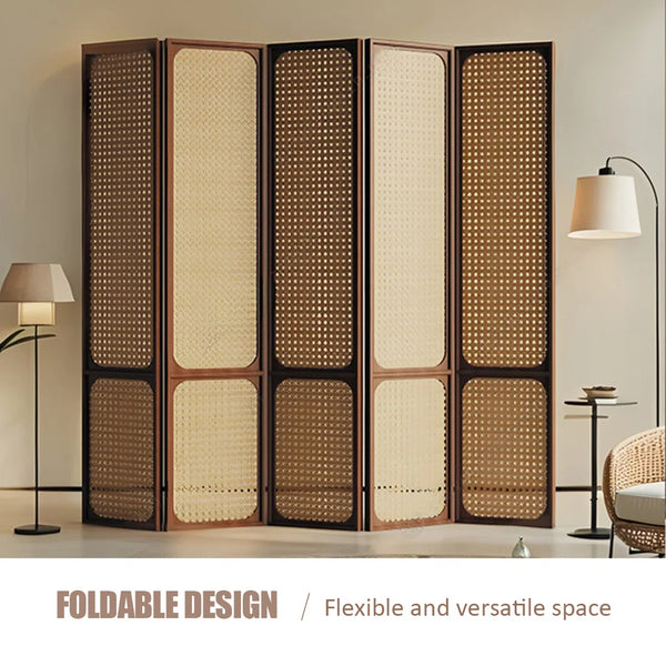 Panels Brown Solid Wood+Rattan Folding Room Divider   Wooden Bazar