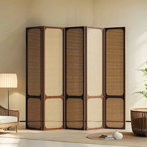 Panels Brown Solid Wood+Rattan Folding Room Divider   Wooden Bazar