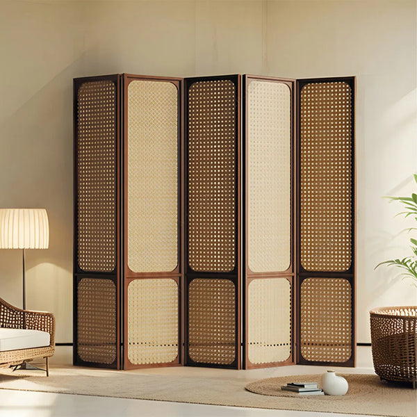 Panels Brown Solid Wood+Rattan Folding Room Divider   Wooden Bazar