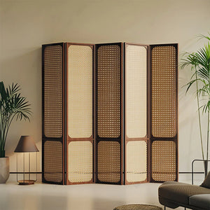 Panels Brown Solid Wood+Rattan Folding Room Divider   Wooden Bazar
