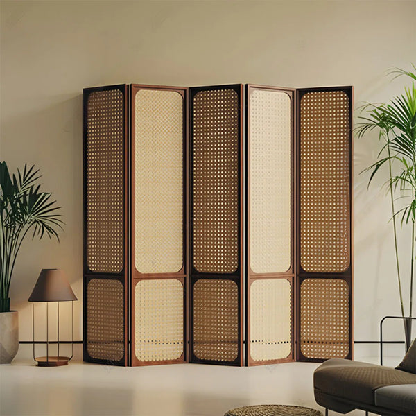 Panels Brown Solid Wood+Rattan Folding Room Divider   Wooden Bazar